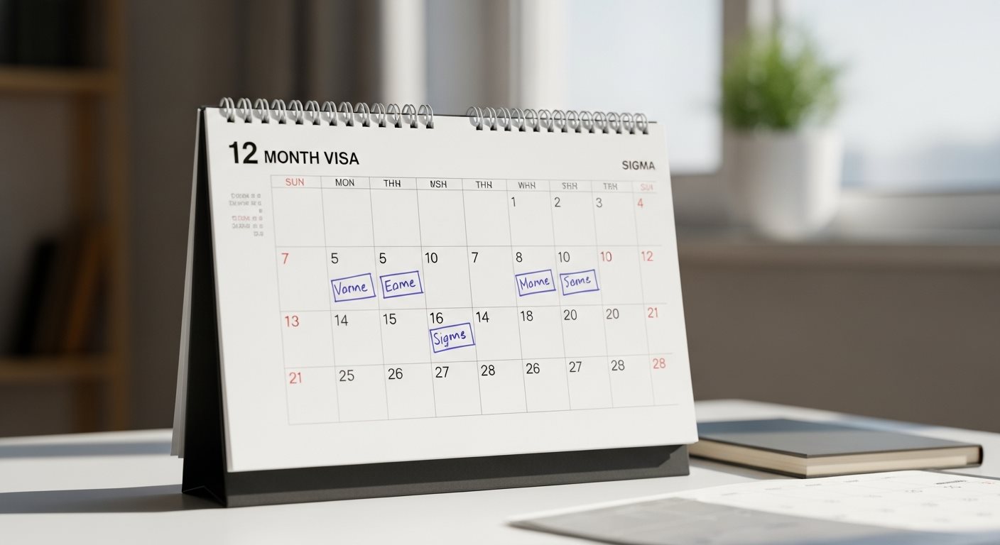 Calendar showing 12 month visa validity period and travel dates