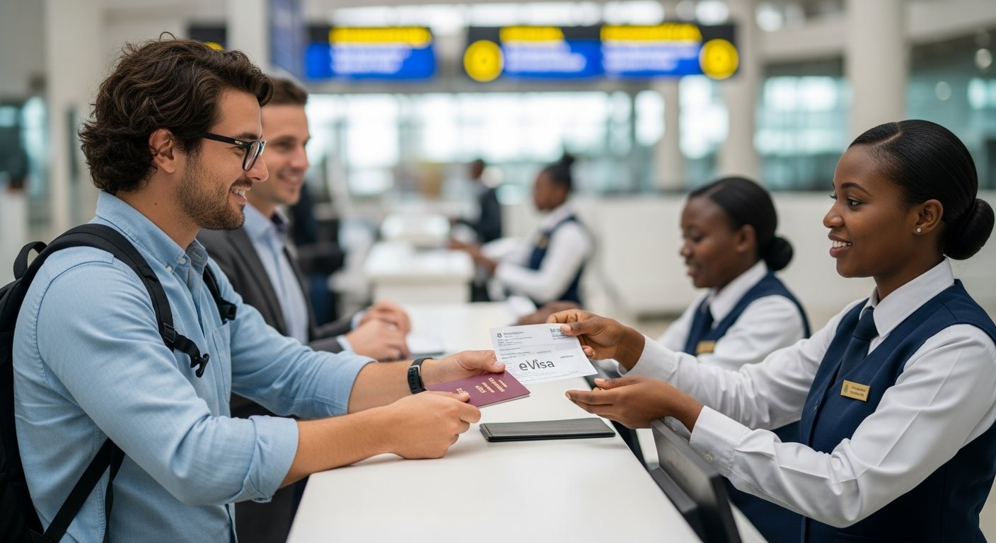 Immigration officer checking Tanzania eVisa at Zanzibar airport