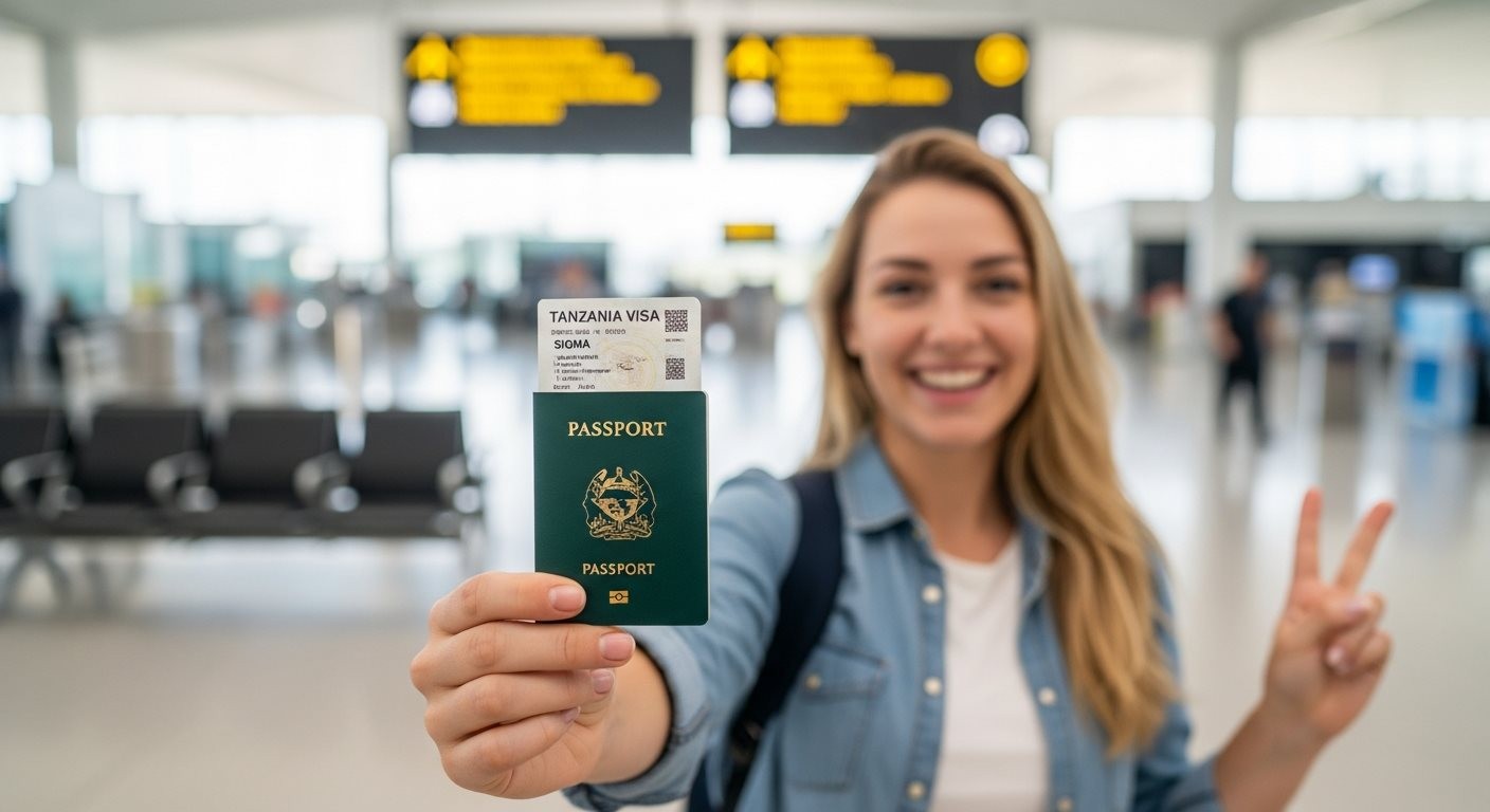 Happy traveler holding passport with Tanzania visa at airport ready for adventure