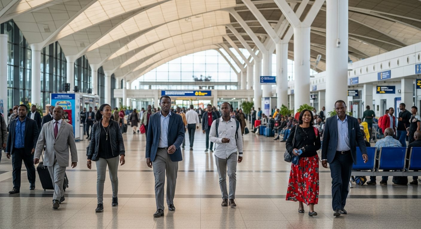 Kilimanjaro International Airport arrival hall with passengers