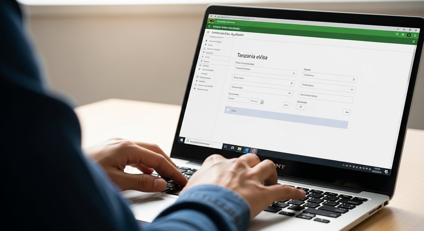 Person carefully filling out online Tanzania eVisa application form