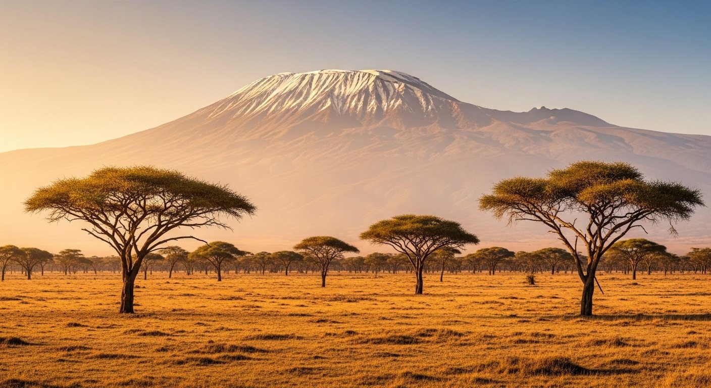 Stunning panoramic view of Mount Kilimanjaro and African savanna landscape in Tanzania